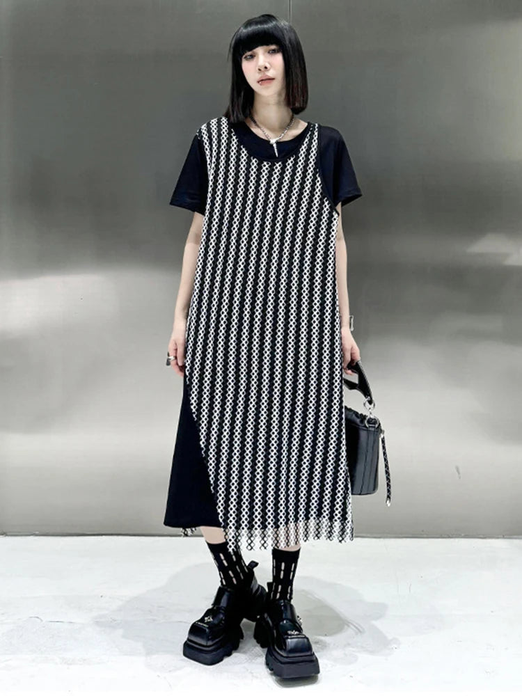 Women Black Irregular Mesh Big Size Casual Midi Dress New Round Neck Short Sleeve Fashion Tide Spring Summer