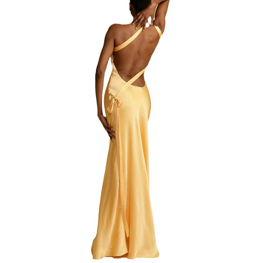 Chic Asymmetrical Shoulder Fitted Dress for Women, Casual Fashion Satin DressSummer Party Dress