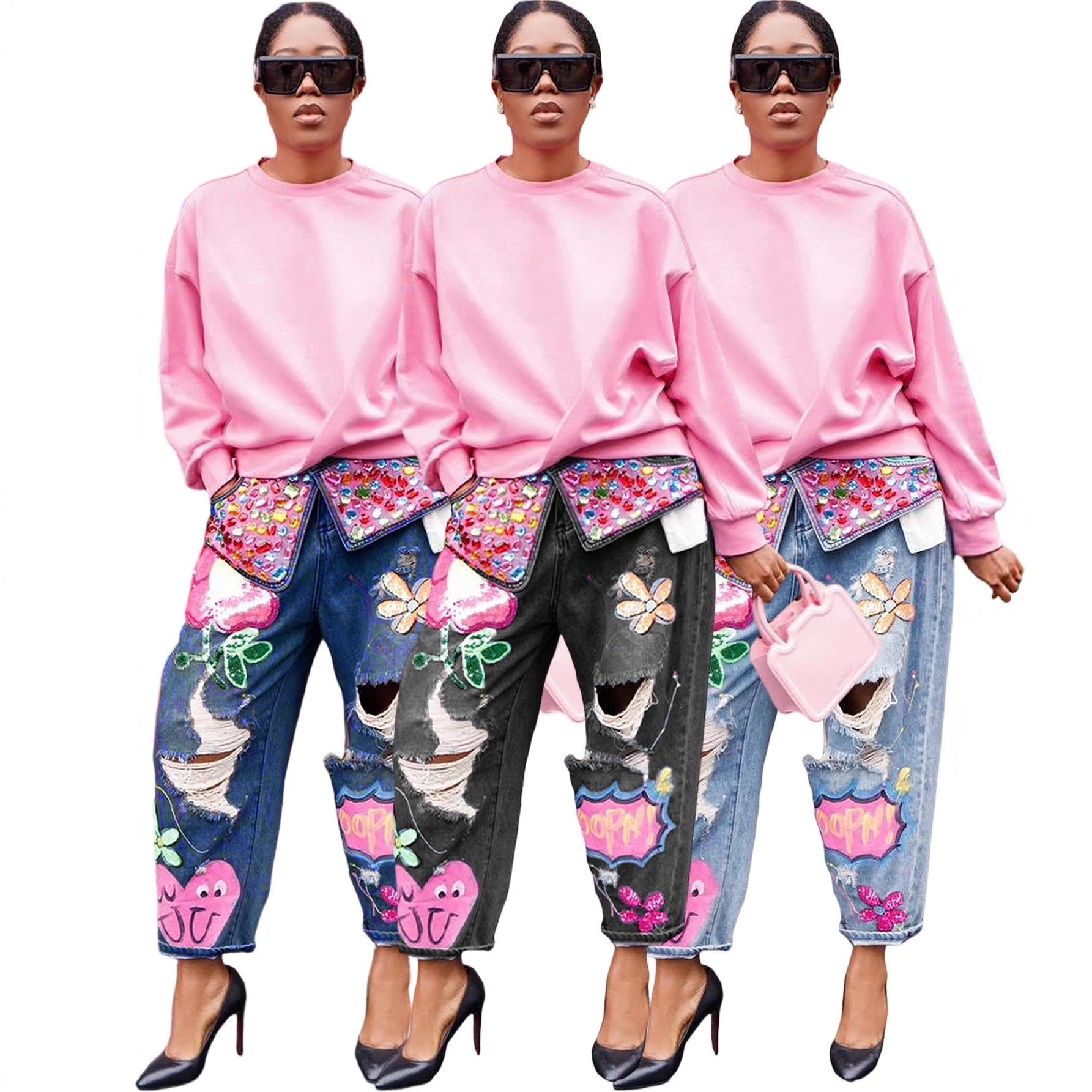 Fashion Denim Jeans with Rhinestone Embellishment and Cut-Out Design Printed Pattern, Casual Wear