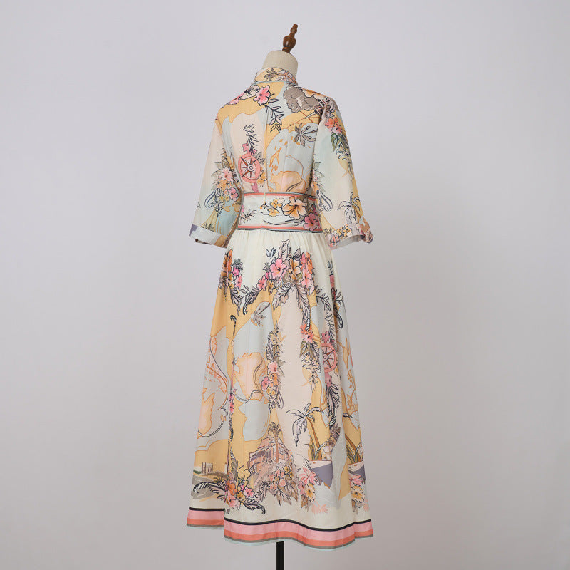 Nautical Map Pattern Short Sleeve Shirt Long A-line Skirt