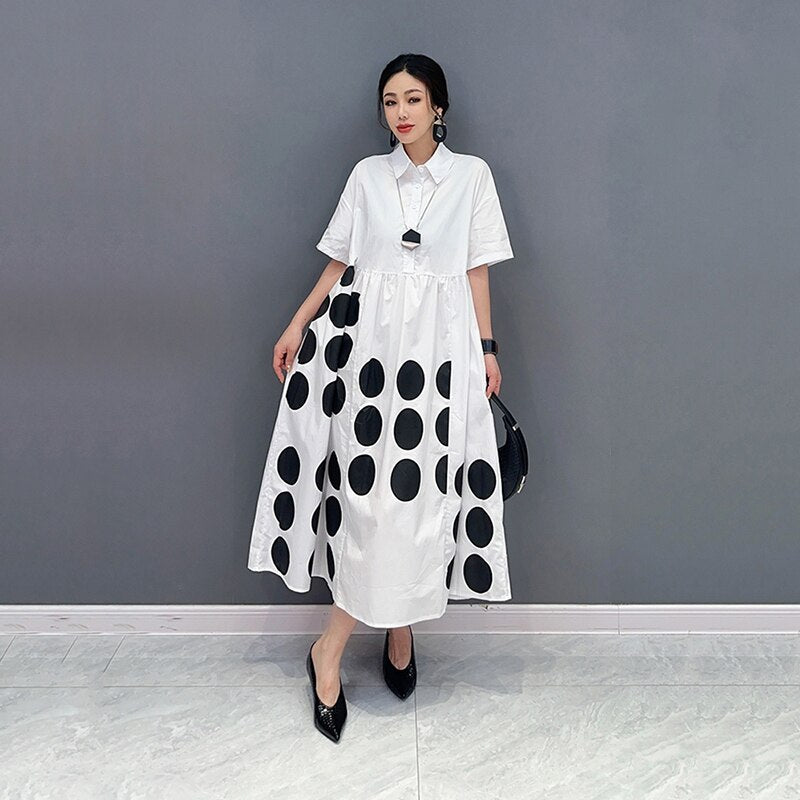 Casual Loose Female Shirt Dress Fashion Irregular Dot Contrast Color Print Women Summer Simplicity New Dress