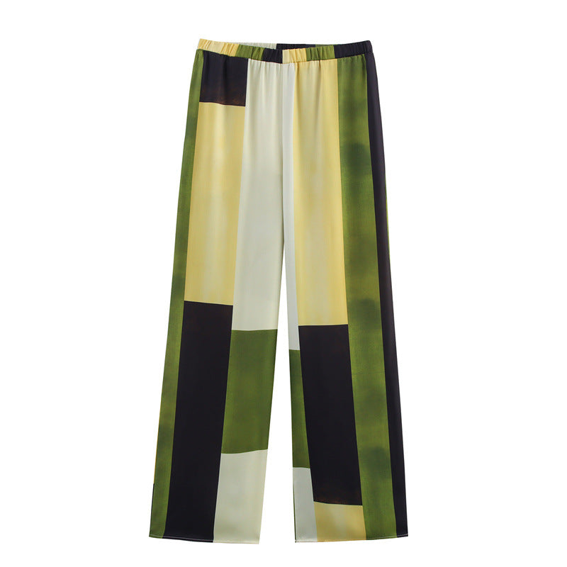 Style Women's Fashion Casual Satin Feel Printed Shirt Pants