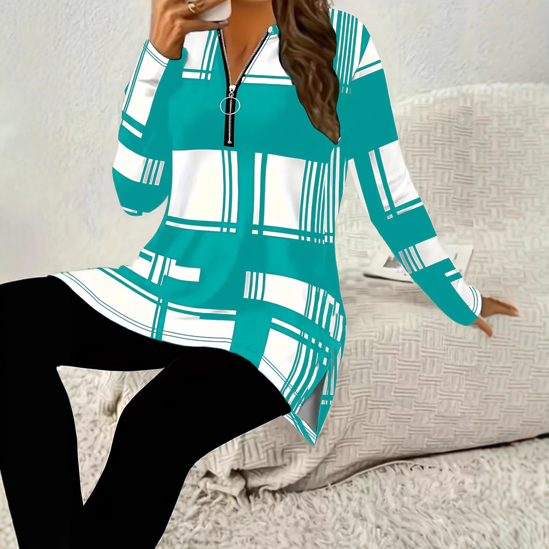 Elegant Women's Long Sleeve Zipper Shirt with Digital Print Casual Fashion
