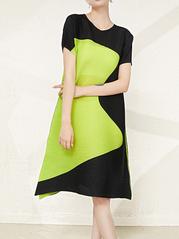 Pleated Dress For Women Fashion Printed Round Neck Short Sleeves Contrast Color A-line Dresses Casual