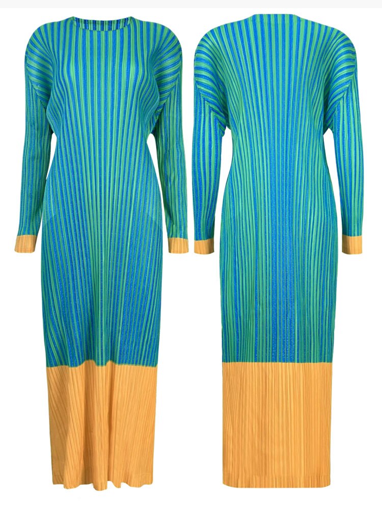 Pleated Striped Dress New Autumn Korean Fashion Casual Long Dress Long Sleeve Large Size Women Clothing