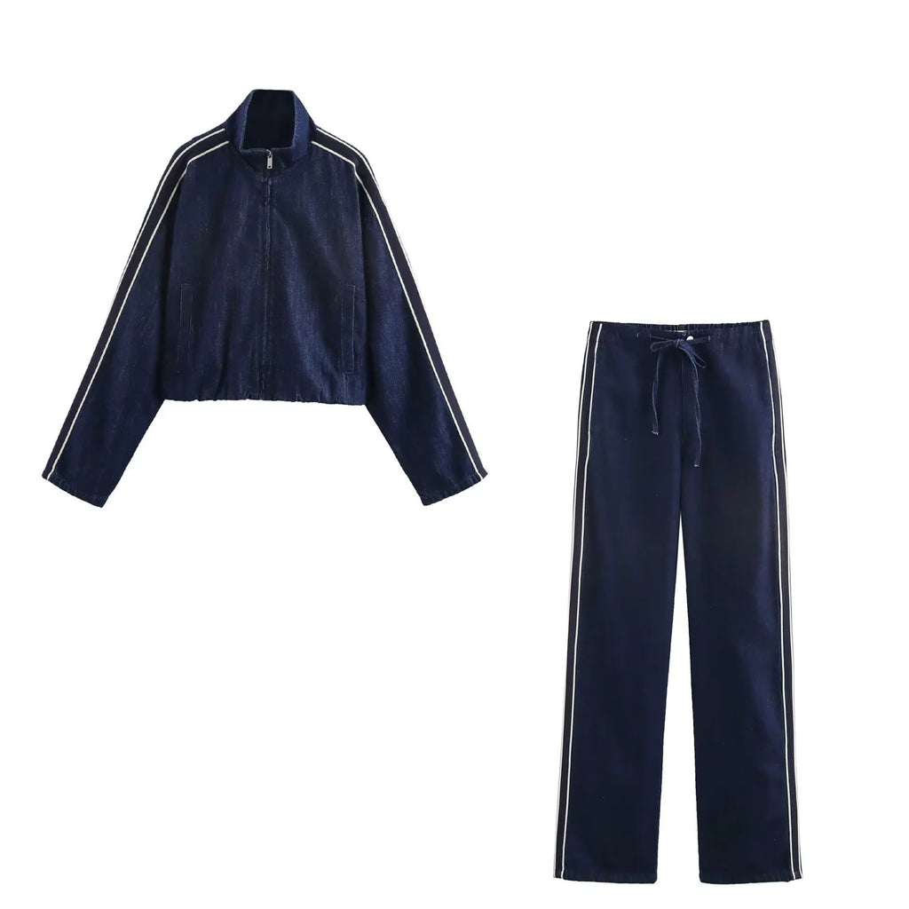 Casual Patchwork Stripe Denim Jacket  Pants Set
