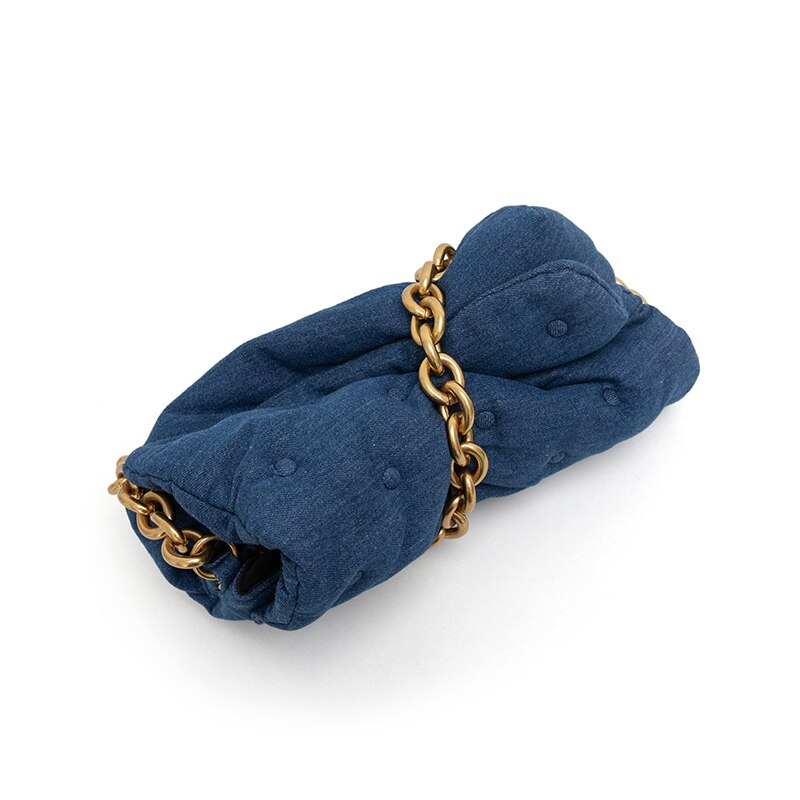 Dark Blue Denim Thick Metal Chain Shoulder Bag Women Winter Retro Large Capacity Buttons Soft Square Handbag Fashion Casual