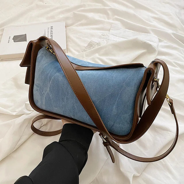 Fashion Women Pu Leather Handbag Large Capacity Denim Shoulder Bags For Women Casual Zipper Clutch Phone Sac Crossbody Bags