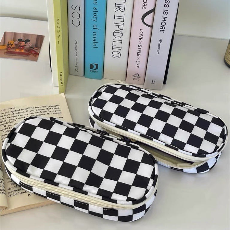 Ins Style Simple Black And White Plaid Pencil Case Large Capacity Student Niche Couple Storage Bag Stationery Box Pencil Case