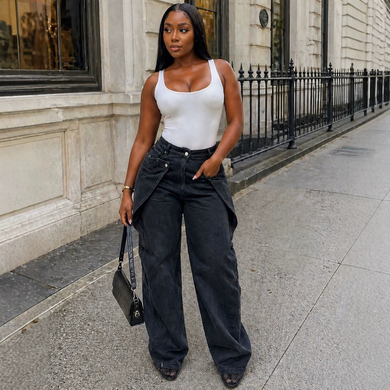 Women's Casual Denim Pants Street Fashion Asymmetrical Button Design Straight Leg
