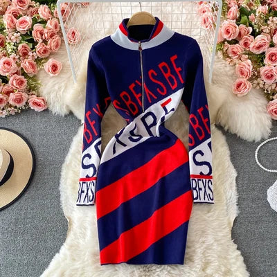 Knitted Dress Women  New Autumn Fashion Zipper Long Sleeve High Waist Midi Long Dress Ladies Slim Casual Dresses