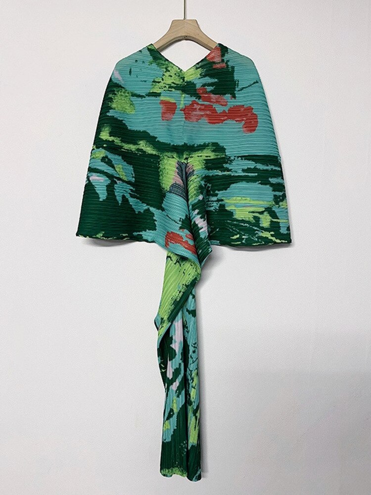 Women V-Neck Batwing Sleeve Pleated Dress Fashion Print Color Block Loose Female Casual Clothing