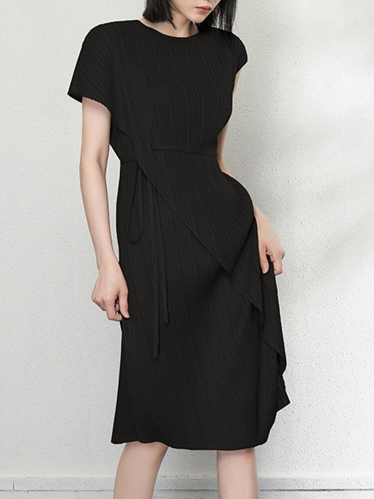 Fashion Pleated Dress For Women New O-neck Short Sleeve Irregular Lace Up Long Casual Dresses Female