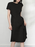 Fashion Pleated Dress For Women New O-neck Short Sleeve Irregular Lace Up Long Casual Dresses Female