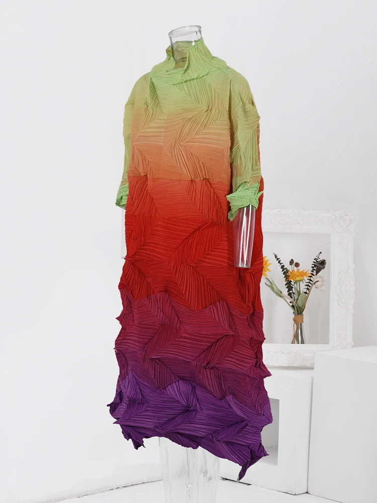 Pleated Gradient Long Dress Women Fashion Turtleneck Contrast Color Loose Dresses Casual