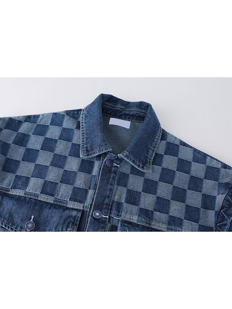 Women's Plaid Patchwork Jean Jacket Vintage BF Style Y2K Harajuku Single Breasted Fashion Casual Streetwear Hip Hop Denim Coats