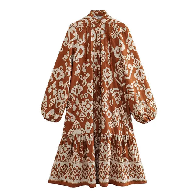 Vintage Print Lace Loose Dress For Women Fashion Stand Collar Long Sleeve Dresses Summer Ladies Party Club Casual Vestidos