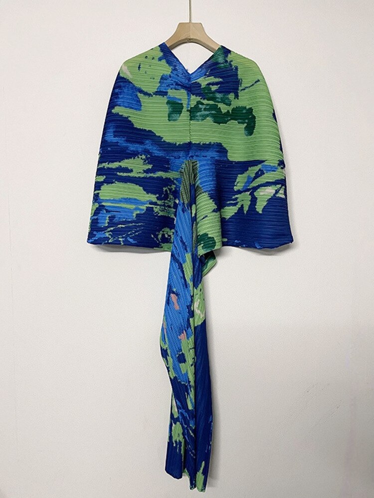 Women V-Neck Batwing Sleeve Pleated Dress Fashion Print Color Block Loose Female Casual Clothing