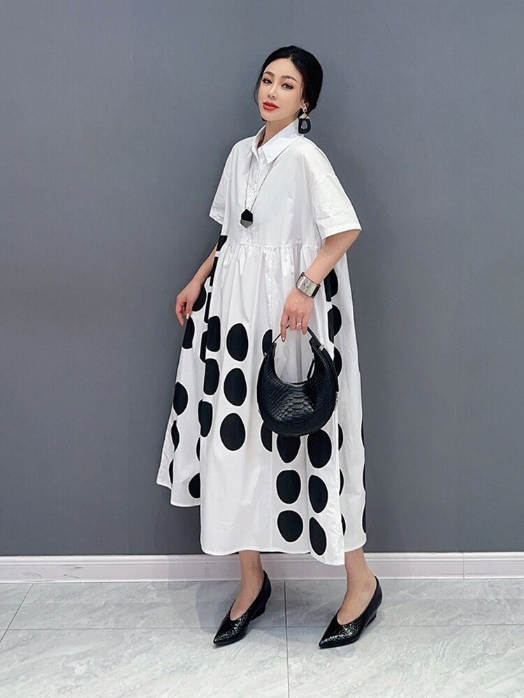 Casual Loose Female Shirt Dress Fashion Irregular Dot Contrast Color Print Women Summer Simplicity New Dress