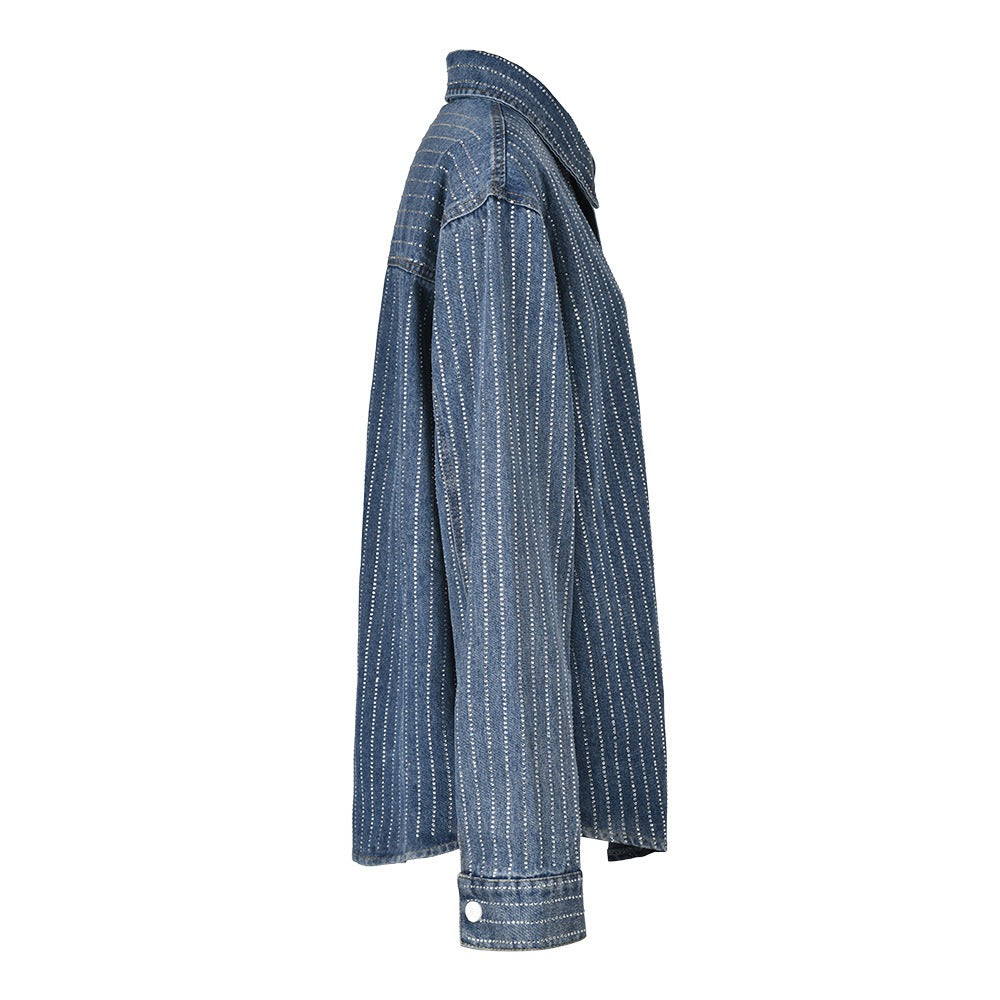 Full Sleeve Denim Shirt Fashion Striped Rhinestone Loose Casual Long Female Blue Jean Tops