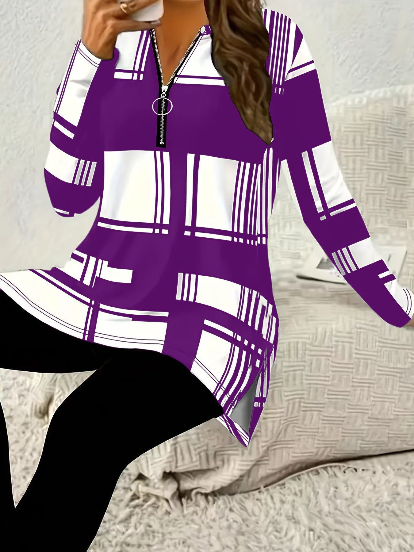 Elegant Women's Long Sleeve Zipper Shirt with Digital Print Casual Fashion