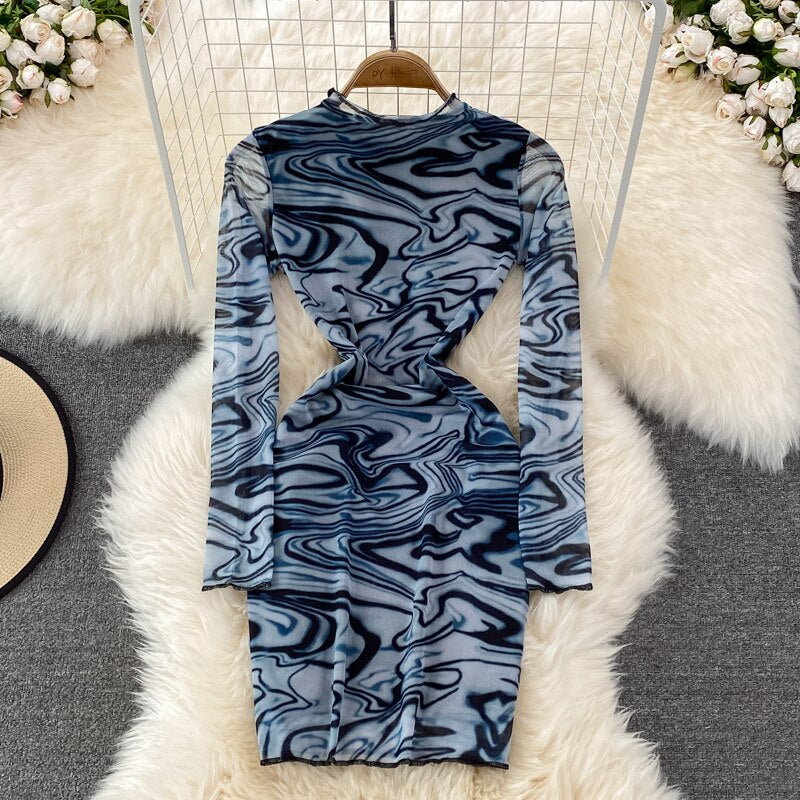 Spring Fashion Striped Print Bodycon Mini Dress Women Fashion Streetwear Casual O-neck Long Sleeve Slim Mesh Club Dresses