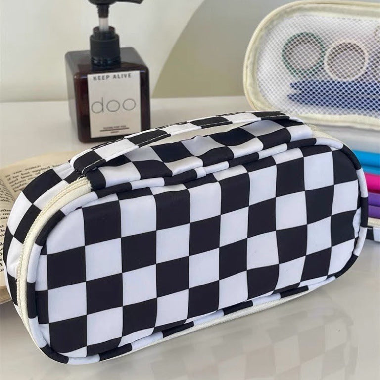 Ins Style Simple Black And White Plaid Pencil Case Large Capacity Student Niche Couple Storage Bag Stationery Box Pencil Case