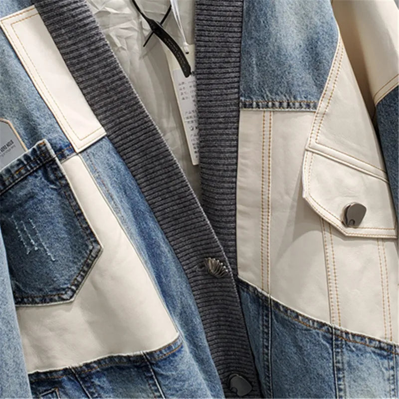 Streetwear Women Jeans Jacket Knit Spliced Pocket V-Neck Fashion Patchwork Denim Jackets  Autumn Loose Jeans Coat Female