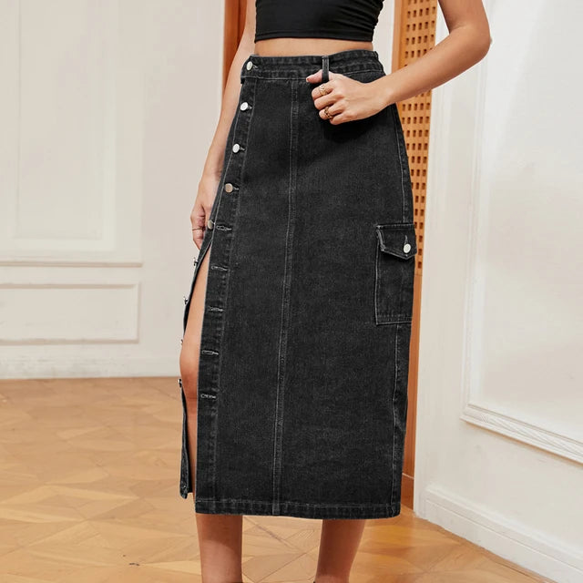 Women's Fashion New Autumn Casual Street Solid Color Non-Elastic Pocket Splicing Button Slim Slit Ladies Denim Skirt 2023