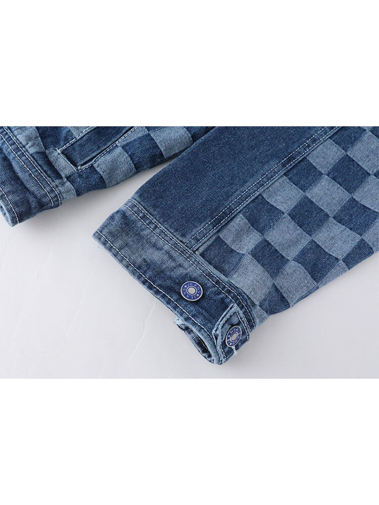 Women's Plaid Patchwork Jean Jacket Vintage BF Style Y2K Harajuku Single Breasted Fashion Casual Streetwear Hip Hop Denim Coats