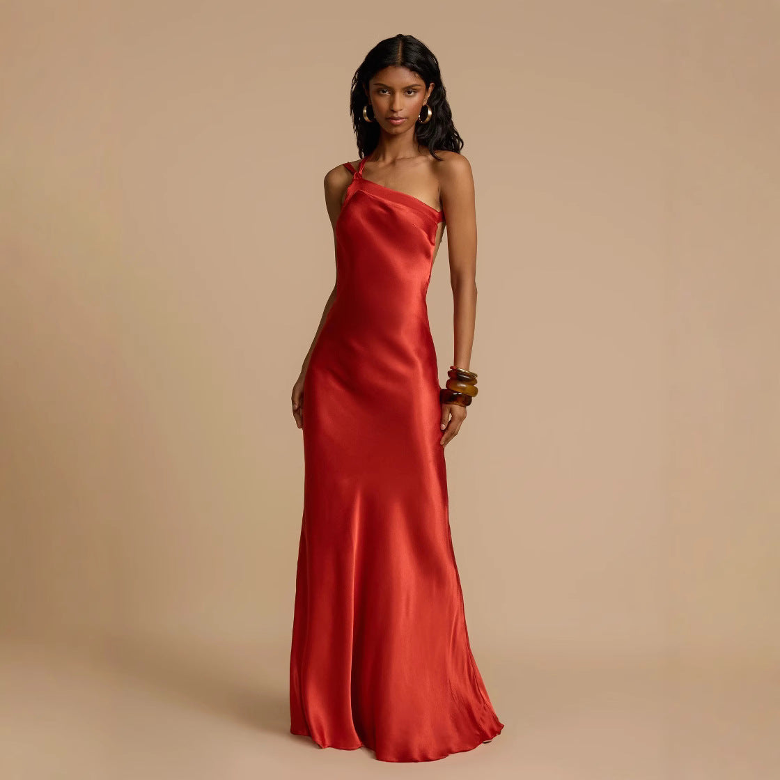 Chic Asymmetrical Shoulder Fitted Dress for Women, Casual Fashion Satin DressSummer Party Dress