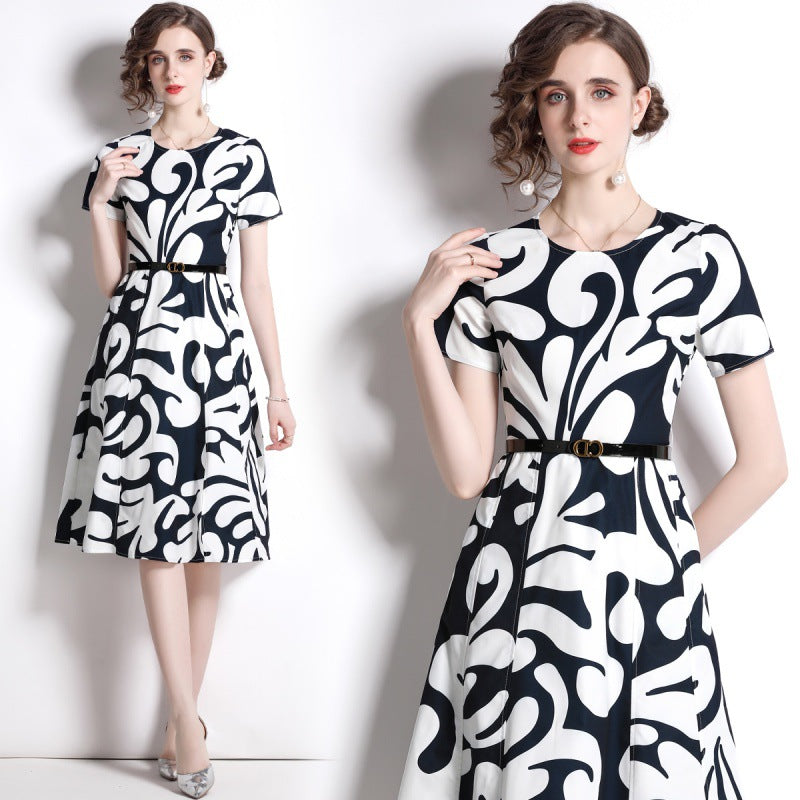 High Quality Spring&Summer Elegant Dress Short Sleeve O-Neck Print Belt Fashion Casual Long Dress Women Vestides
