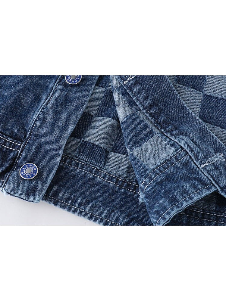 Women's Plaid Patchwork Jean Jacket Vintage BF Style Y2K Harajuku Single Breasted Fashion Casual Streetwear Hip Hop Denim Coats