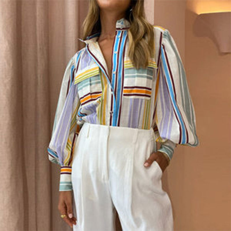 Notched Collar Long Sleeve Printed Casual Fashion Blouse for Women