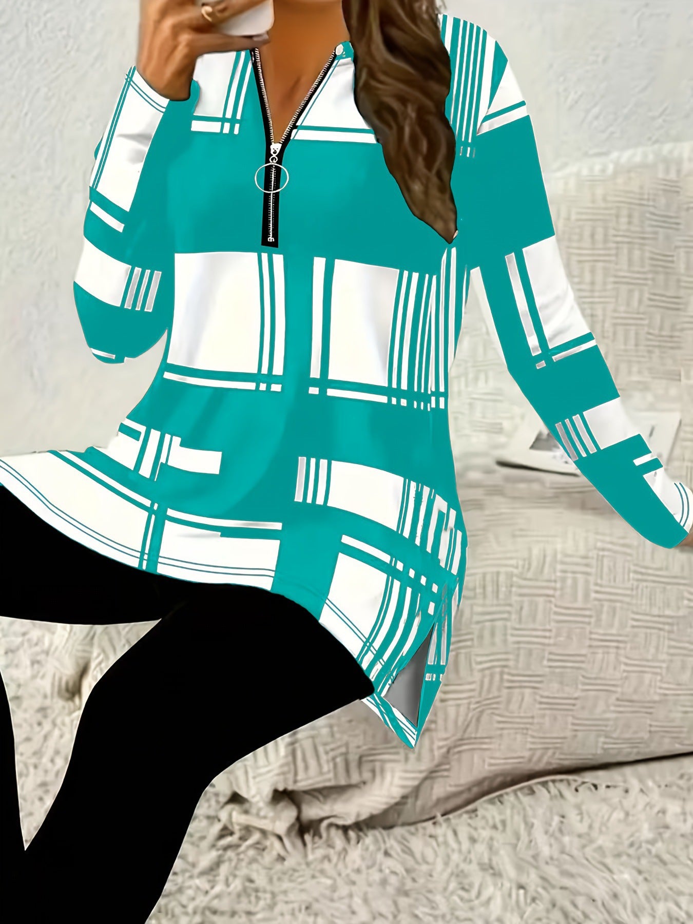 Elegant Women's Long Sleeve Zipper Shirt with Digital Print Casual Fashion
