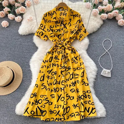 Summer Dress Women Single Breasted Lapel Short Sleeve High Waist Midi Long Dress Letter Print Fashion Casual Dresses Female