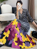 Spring New Dress For Women Pleated Patchwork Leopard And Print Flowers Luxury Casual Three Quarter Fashion