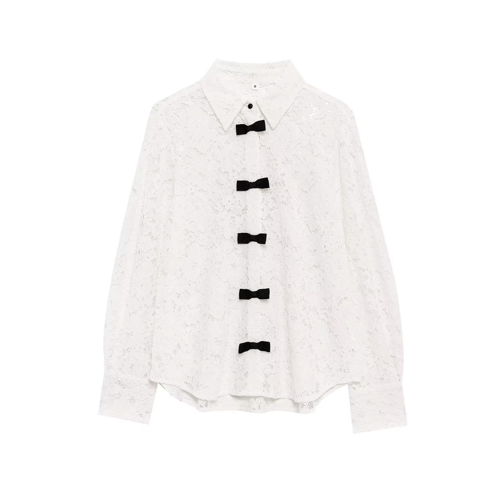 Women's Fashion Casual Bow Decorated Lace Blouse