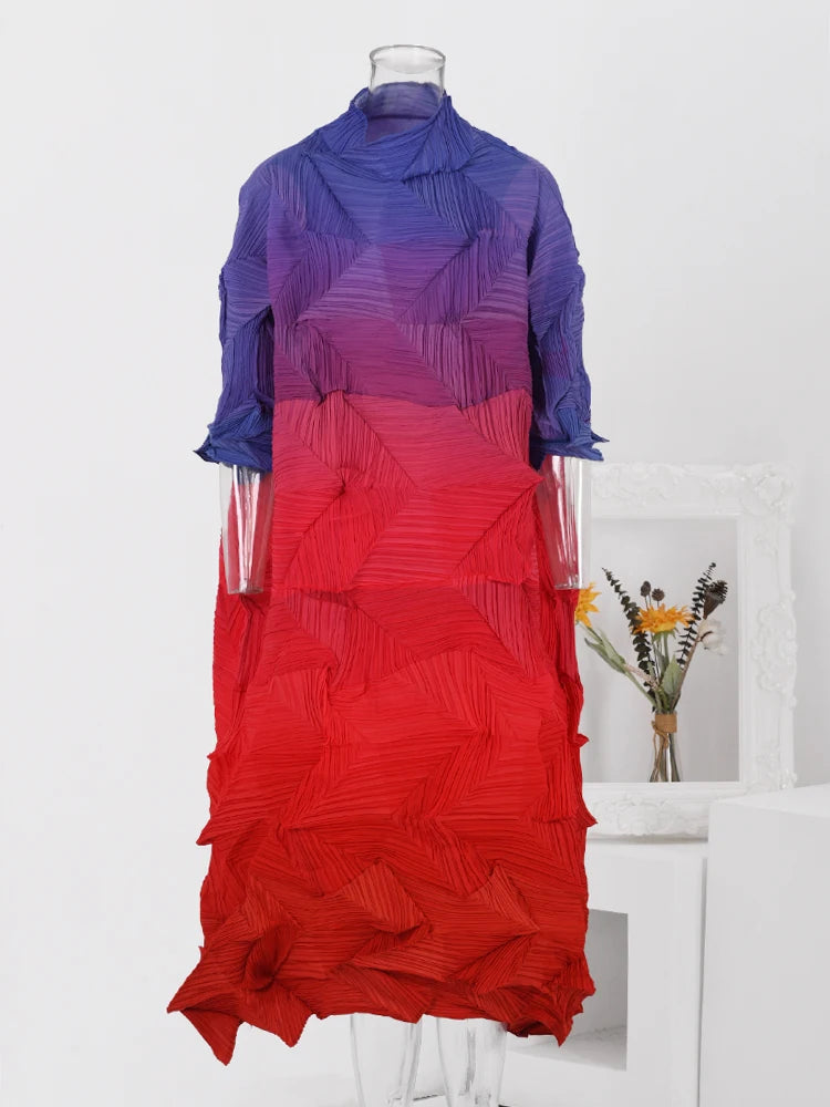 Pleated Gradient Long Dress Women Fashion Turtleneck Contrast Color Loose Dresses Casual