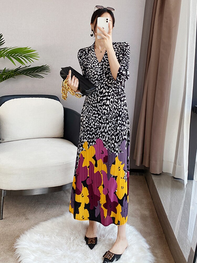Spring New Dress For Women Pleated Patchwork Leopard And Print Flowers Luxury Casual Three Quarter Fashion
