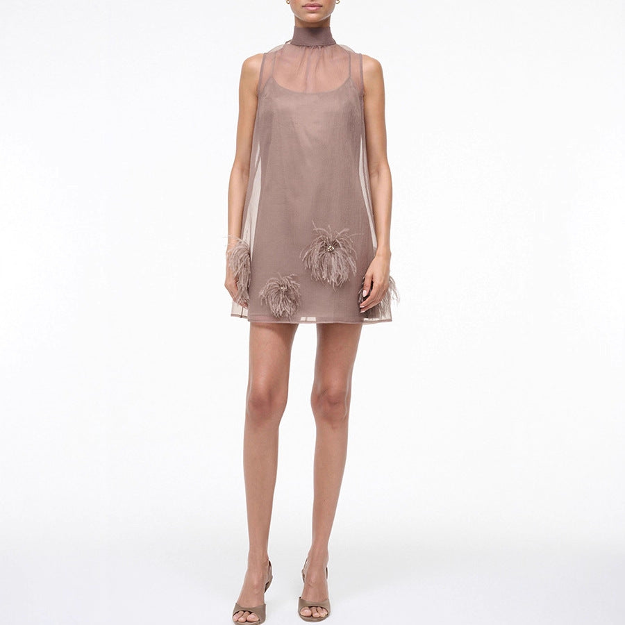 Chic Belted Sleeveless Dress for Women  Zipper Front, Casual Party Wear, Autumn and Spring Fashion Dress
