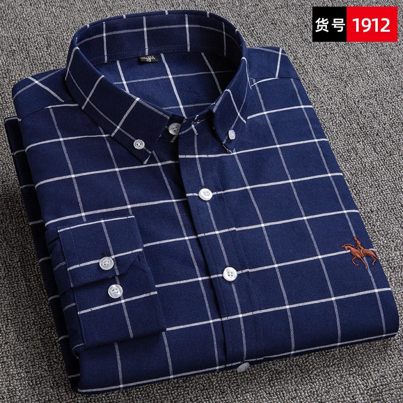 Pure cotton men's long-sleeved Oxford shirt for young and middle-aged men embroidered large size
