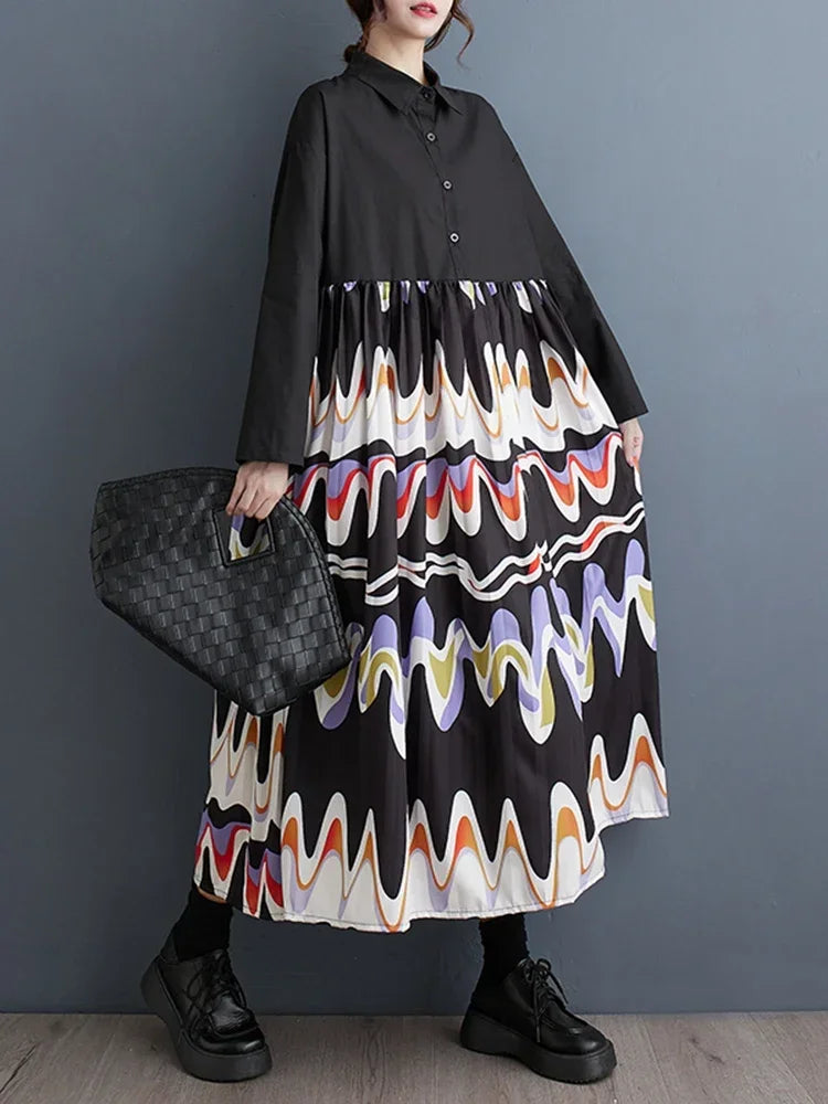 Casual Long Sleeve Shirt Dress Fashion Loose Contrast Color Print Big Hem  Initial Autumn New Women Dress