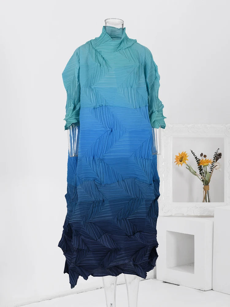 Pleated Gradient Long Dress Women Fashion Turtleneck Contrast Color Loose Dresses Casual