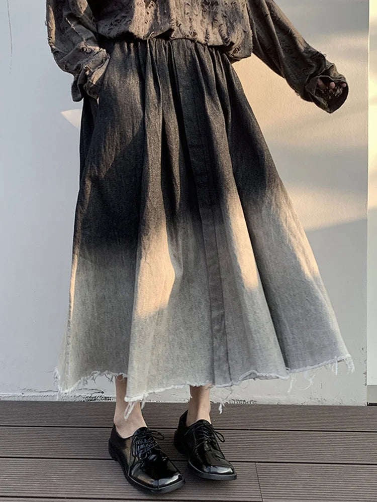 High Elastic Waist Gradual Color Burr Denim Long Casual Half-body Skirt Women Fashion Tide New Spring Autumn