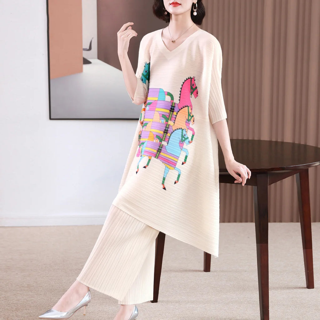 Fashion Suit Women's Summer New Casual Two-Piece Suit Miyake High-End Pleated Fashion Printed Plus Size Women's Clothing