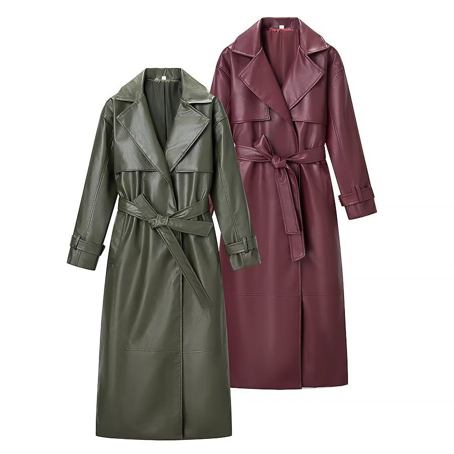New Women's Fashion Casual Versatile Long Leather Coat
