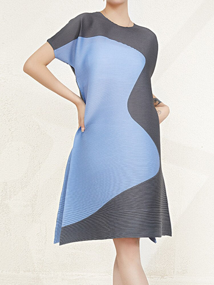 Pleated Dress For Women Fashion Printed Round Neck Short Sleeves Contrast Color A-line Dresses Casual