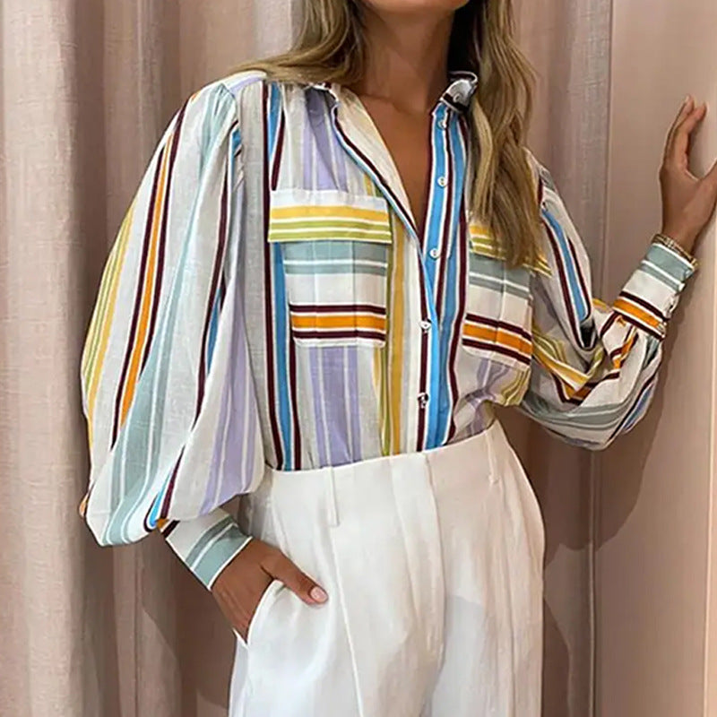 Notched Collar Long Sleeve Printed Casual Fashion Blouse for Women