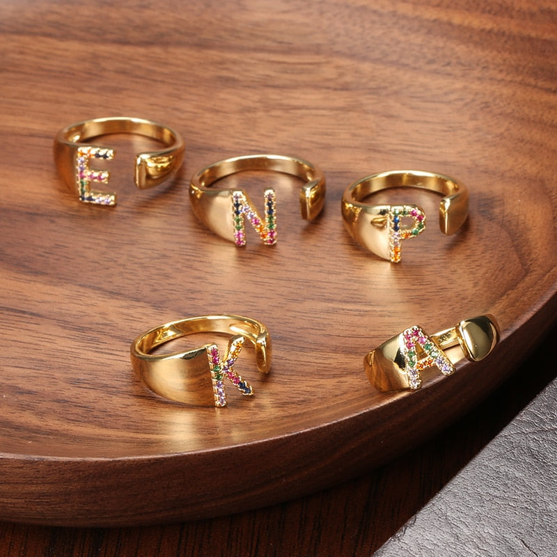 Adjustable A-Z Initial Ring Bohemian Copper Zircon Rainbow Letter Ring